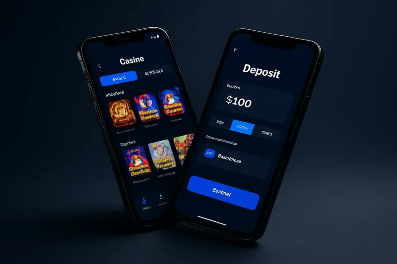 Two angled smartphones showing dark casino lobby and deposit screens