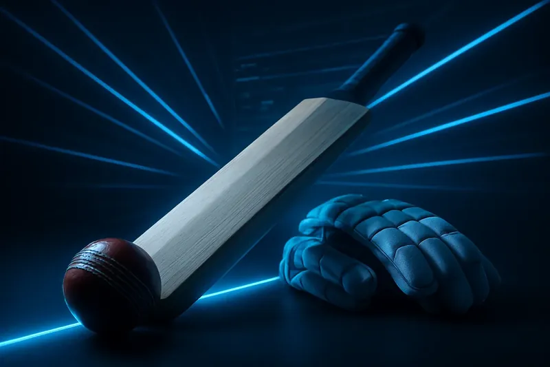 Close-up cricket equipment with neon speed lines and holographic betting interface