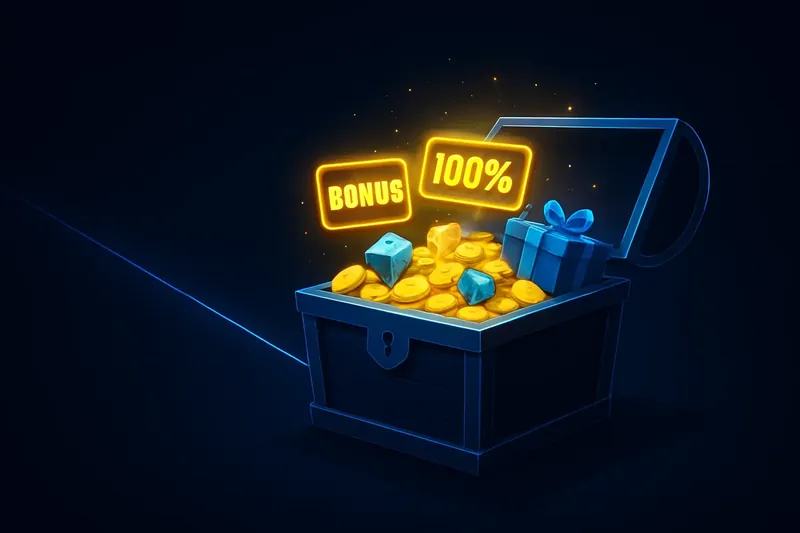 Golden treasure chest bursting with coins, gems, and bonus rewards