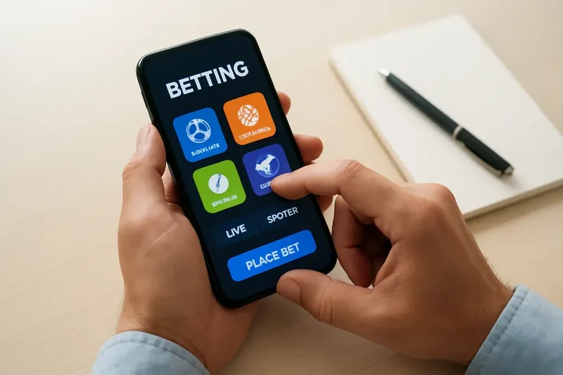 Man's hands using phone with betting app on desk