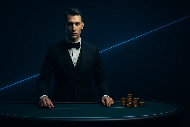 Professional dealer at green felt live casino table with golden chips